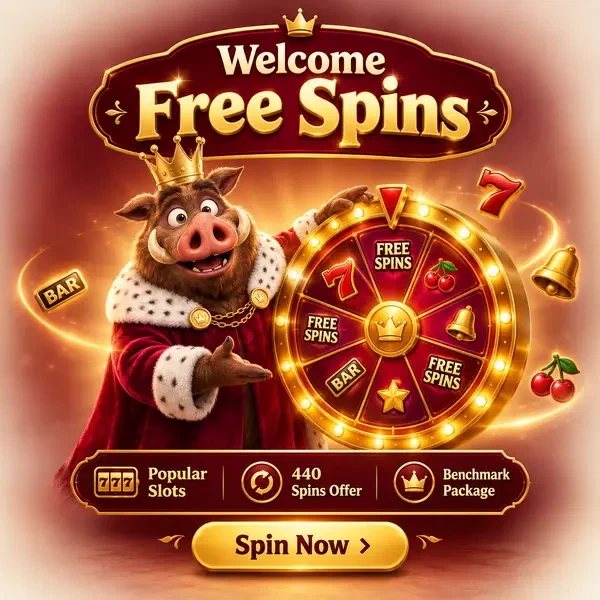 Der Eberkönig präsentiert ein leuchtendes Preisrad für Willkommens-Freispiele auf beliebten Kingia Spielautomaten