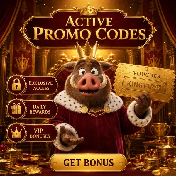 Wildschwein-König präsentiert Promo-Code-Gutschein bei Active Promo Codes and Daily Rewards Casino