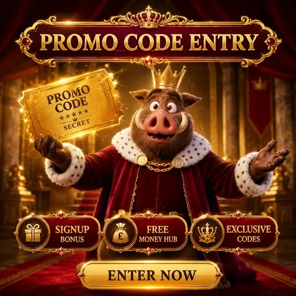 Eber-König hält leuchtenden Promo-Code-Gutschein in der königlichen Halle des Kingia Casino
