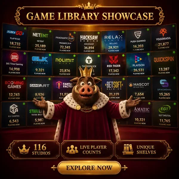 Wildschwein-König präsentiert Spielbibliothek bei Kingia Casino mit Live-Spielerzahlen auf Mosaikwand